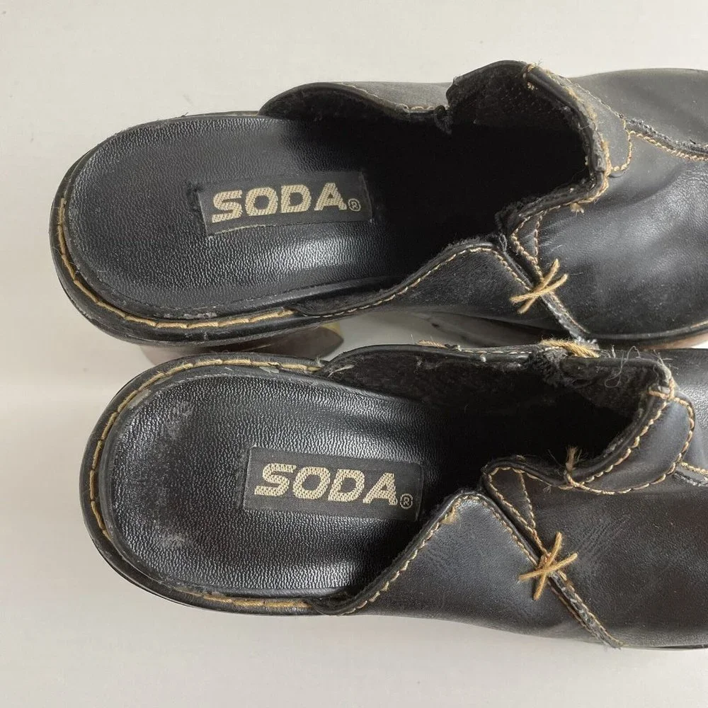 90s Y2K Vintage Soda Black Faux Leather Wooden Block Heel Platform Clogs Women 7 - Picture 12 of 12